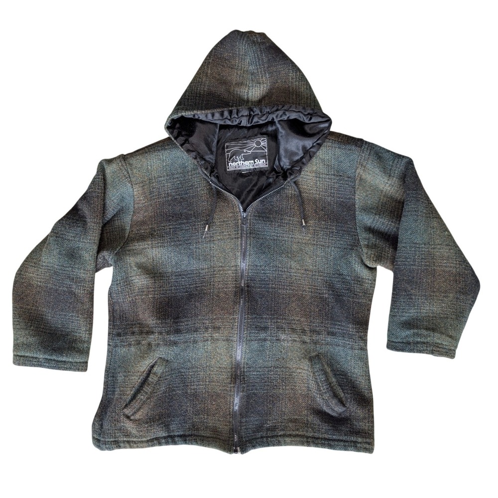 Vintage Northern Sun Green‎ Plaid Zip Up Fall Winter Jacket with Hood